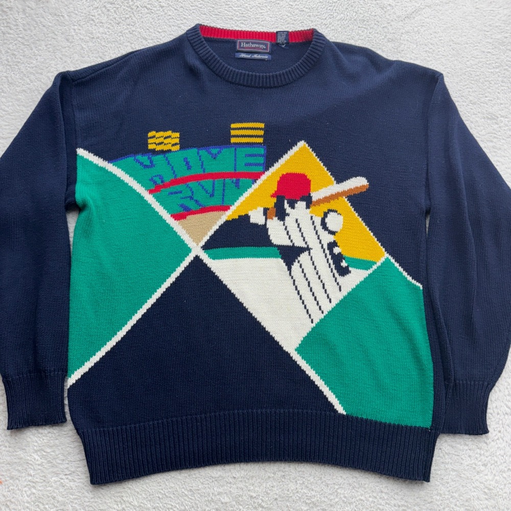 Vintage Hathaway Mens Large Baseball Home Run Hand Intarsia Cotton Sweater Navy